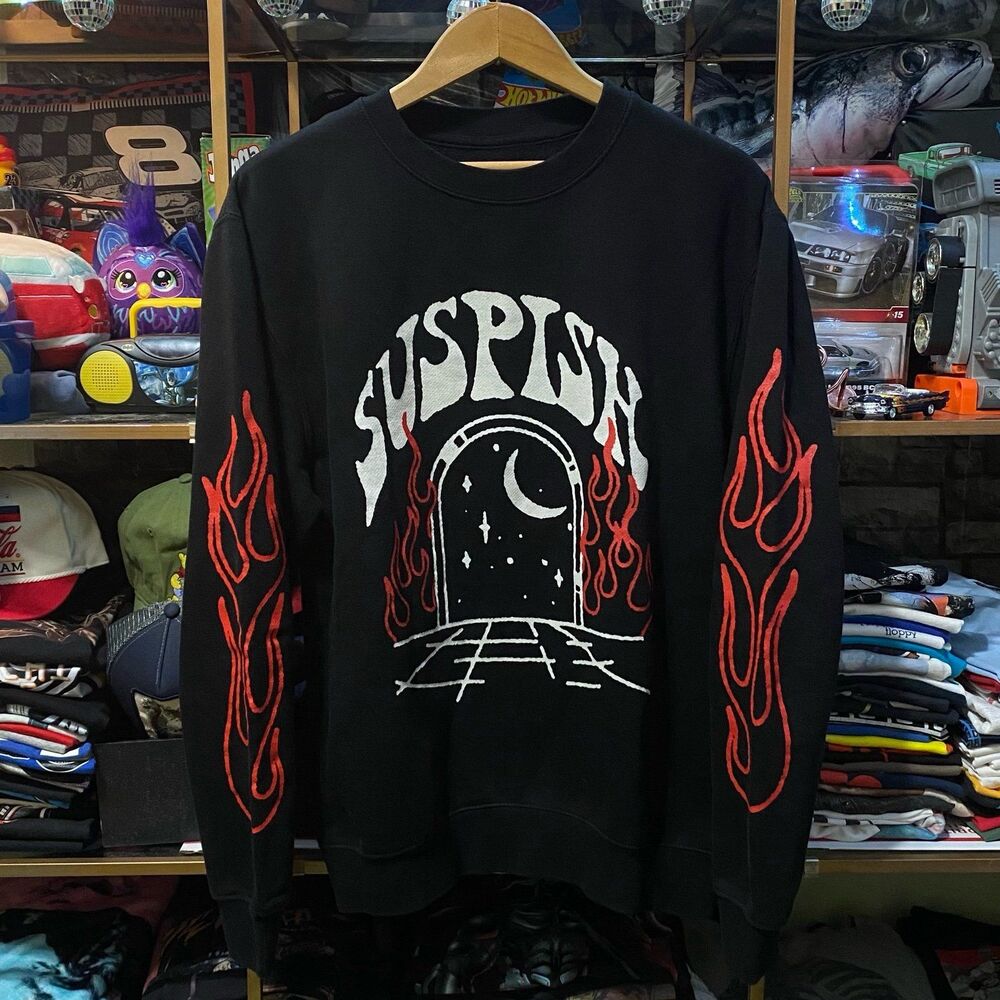 Bailey Sarian Suspish Flame Sleeve Black Crewneck Sweatshirt Medium Large